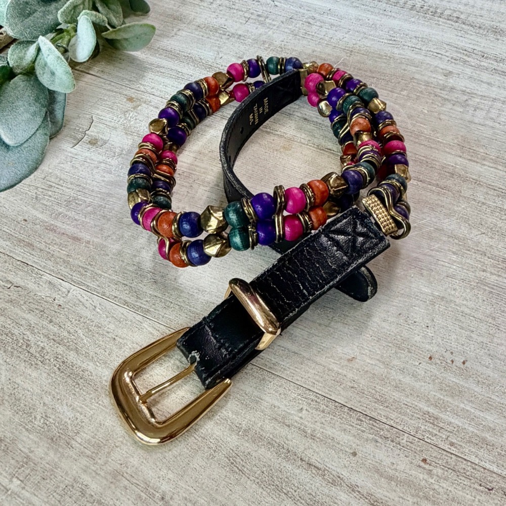 Vintage Multi Color Wood Bead Double Strand Belt Black Faux Leather M/L